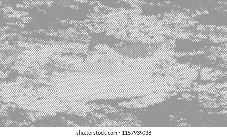 Halftone Dots in Grunge Broken Brush Style. Cartoon Cracked Noisy Surface Pattern Design. Dirty Weathered Style Texture. White and Gray Monochrome Print Design Pattern.