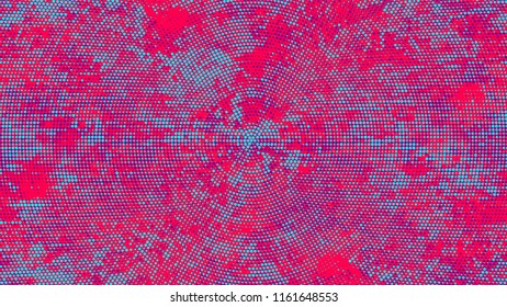 Halftone Dots in Grunge Broken Brush Style. Cartoon Vintage Pattern. Faded Dyed Style Texture. Turquoise and Red Monochrome Print Design Background.