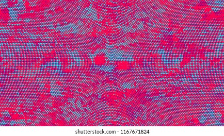 Halftone Dots in Grunge Broken Brush Style. Distressed Grungy Pattern Design. Faded Dyed Style Texture. Turquoise and Red Monochrome Print Design Pattern.