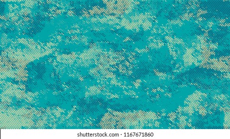 Halftone Dots in Grunge Broken Brush Style. Cartoon Vintage Pattern. Polka Dots Style Texture. Turquoise and Beige Noise Fashion Print Design Background.