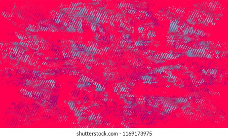 Halftone Dots in Grunge Broken Brush Style. Distressed Grungy Pattern Design. Splatter Style Texture. Turquoise and Red Monochrome Print Design Background.