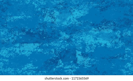 Halftone Dots in Grunge Broken Brush Style. Distressed Grungy Pattern Design. Dirty Weathered Style Texture. Blue Broken, Spotted Print Design Pattern.