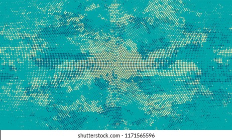 Halftone Dots in Grunge Broken Brush Style. Vintage Dirty Dotted Pattern. Polka Dots Style Texture. Turquoise and Beige Noise Fashion Print Design Background.
