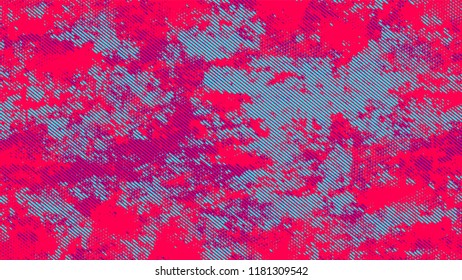 Halftone Dots in Grunge Broken Brush Style. Cartoon Cracked Noisy Surface Pattern Design. Dirty Weathered Style Texture. Turquoise and Red Broken, Spotted Print Design Background.