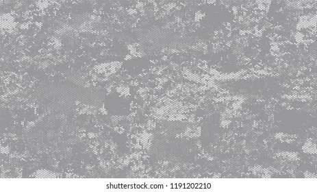Halftone Dots in Grunge Broken Brush Style. Distressed Grungy Pattern Design. Scatter Style Texture. White and Gray Monochrome Print Design Background.