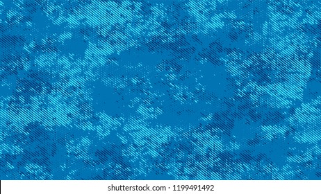 Halftone Dots in Grunge Broken Brush Style. Cartoon Vintage Pattern. Dirty Weathered Style Texture. Blue Broken, Spotted Print Design Background.