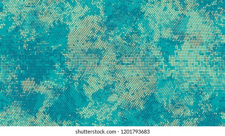 Halftone Dots in Grunge Broken Brush Style. Cartoon Cracked Noisy Surface Pattern Design. Polka Dots Style Texture. Turquoise and Beige Broken, Spotted Print Design Background.
