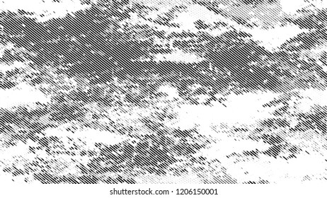 Halftone Dots in Grunge Broken Brush Style. Cartoon Cracked Noisy Surface Pattern Design. Scatter Style Texture. Black and White Monochrome Print Design Background.