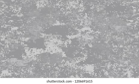 Halftone Dots in Grunge Broken Brush Style. Retro Spotted Pattern. Polka Dots Style Texture. White and Gray Monochrome Print Design Background.