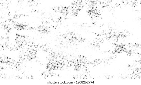 Halftone Dots in Grunge Broken Brush Style. Cartoon Retro Vector Pattern. Dirty Weathered Style Texture. Black and White Monochrome Print Design Background.