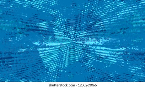 Halftone Dots in Grunge Broken Brush Style. Distressed Grungy Pattern Design. Faded Dyed Style Texture. Blue Noise Fashion Print Design Pattern.