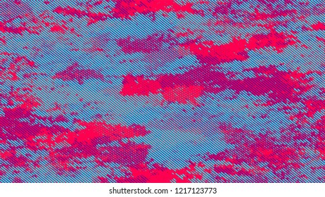 Halftone Dots in Grunge Broken Brush Style. Cartoon Cracked Noisy Surface Pattern Design. Scatter Style Texture. Turquoise and Red Monochrome Print Design Pattern.