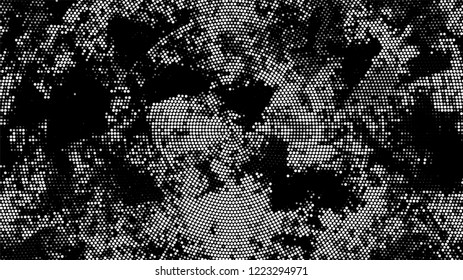 Halftone Dots in Grunge Broken Brush Style. Rough Grungy Pattern Design. Polka Dots Style Texture. Black and White Broken, Spotted Print Design Background.