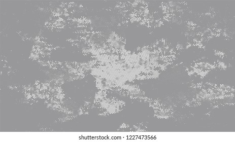 Halftone Dots in Grunge Broken Brush Style. Rough Grungy Pattern Design. Splatter Style Texture. White and Gray Noise Fashion Print Design Background.