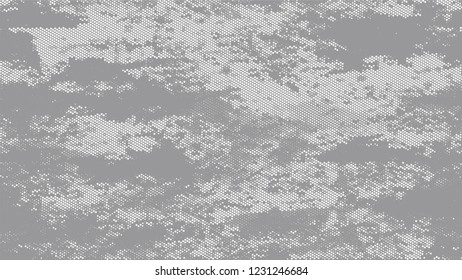 Halftone Dots in Grunge Broken Brush Style. Retro Spotted Pattern. Scatter Style Texture. White and Gray Noise Fashion Print Design Background.