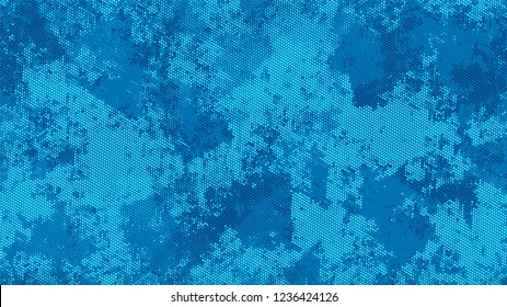 Halftone Dots in Grunge Broken Brush Style. Cartoon Retro Vector Pattern. Faded Dyed Style Texture. Blue Monochrome Print Design Background.