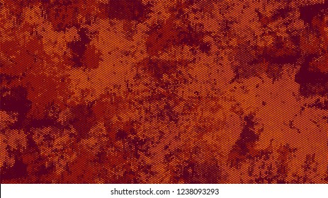 Halftone Dots in Grunge Broken Brush Style. Cartoon Cracked Noisy Surface Pattern Design. Scatter Style Texture. Orange and Brown Monochrome Print Design Background.