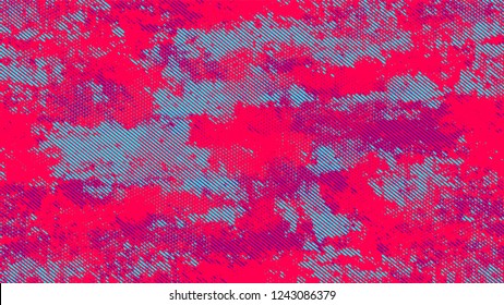 Halftone Dots in Grunge Broken Brush Style. Cartoon Retro Vector Pattern. Scatter Style Texture. Turquoise and Red Monochrome Print Design Background.