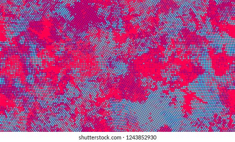 Halftone Dots in Grunge Broken Brush Style. Cartoon Vintage Pattern. Dirty Weathered Style Texture. Turquoise and Red Monochrome Print Design Background.
