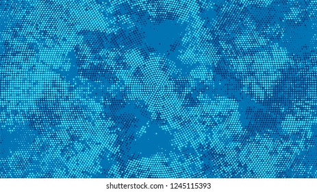 Halftone Dots in Grunge Broken Brush Style. Vintage Dirty Dotted Pattern. Scatter Style Texture. Blue Noise Fashion Print Design Pattern.