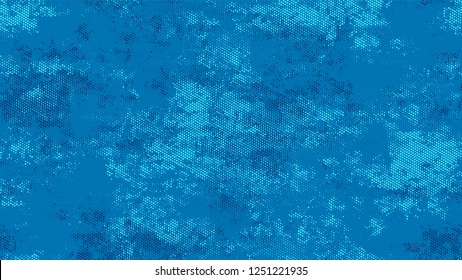 Halftone Dots in Grunge Broken Brush Style. Vintage Dirty Dotted Pattern. Scatter Style Texture. Blue Noise Fashion Print Design Background.