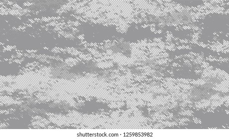 Halftone Dots in Grunge Broken Brush Style. Cartoon Retro Vector Pattern. Splatter Style Texture. White and Gray Monochrome Print Design Background.
