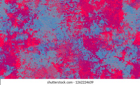 Halftone Dots in Grunge Broken Brush Style. Vintage Dirty Dotted Pattern. Faded Dyed Style Texture. Turquoise and Red Monochrome Print Design Pattern.
