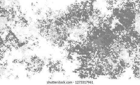 Halftone Dots in Grunge Broken Brush Style. Distressed Grungy Pattern Design. Overlay Grainy Style Texture. Black and White Noise Fashion Print Design Pattern.