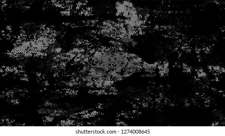 Halftone Dots in Grunge Broken Brush Style. Retro Spotted Pattern. Splatter Style Texture. Black and White Broken, Spotted Print Design Background.