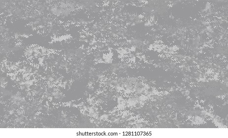 Halftone Dots in Grunge Broken Brush Style. Cartoon Vintage Pattern. Splatter Style Texture. White and Gray Noise Fashion Print Design Background.