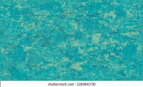 Halftone Dots in Grunge Broken Brush Style. Retro Spotted Pattern. Dirty Weathered Style Texture. Turquoise and Beige Monochrome Print Design Background.