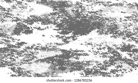 Halftone Dots in Grunge Broken Brush Style. Distressed Grungy Pattern Design. Splatter Style Texture. Black and White Broken, Spotted Print Design Background.