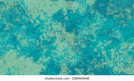 Halftone Dots in Grunge Broken Brush Style. Cartoon Vintage Pattern. Overlay Grainy Style Texture. Turquoise and Beige Broken, Spotted Print Design Background.
