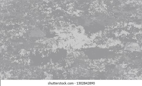 Halftone Dots in Grunge Broken Brush Style. Vintage Dirty Dotted Pattern. Overlay Grainy Style Texture. White and Gray Noise Fashion Print Design Pattern.