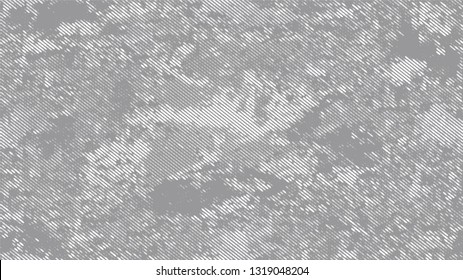 Halftone Dots in Grunge Broken Brush Style. Cartoon Cracked Noisy Surface Pattern Design. Splatter Style Texture. White and Gray Monochrome Print Design Pattern.