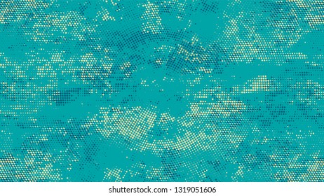 Halftone Dots in Grunge Broken Brush Style. Vintage Dirty Dotted Pattern. Splatter Style Texture. Turquoise and Beige Monochrome Print Design Background.