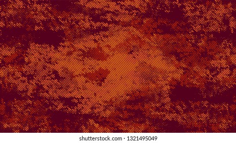 Halftone Dots in Grunge Broken Brush Style. Retro Spotted Pattern. Dirty Weathered Style Texture. Orange and Brown Monochrome Print Design Background.