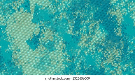 Halftone Dots in Grunge Broken Brush Style. Rough Grungy Pattern Design. Polka Dots Style Texture. Turquoise and Beige Monochrome Print Design Background.