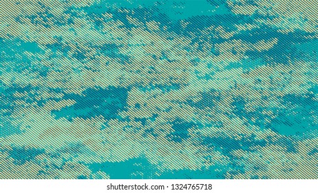 Halftone Dots in Grunge Broken Brush Style. Cartoon Vintage Pattern. Overlay Grainy Style Texture. Turquoise and Beige Noise Fashion Print Design Background.