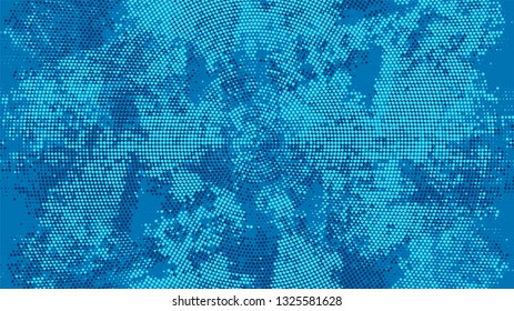 Halftone Dots in Grunge Broken Brush Style. Vintage Dirty Dotted Pattern. Faded Dyed Style Texture. Blue Noise Fashion Print Design Pattern.