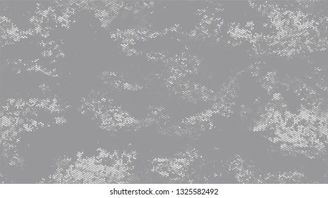 Halftone Dots in Grunge Broken Brush Style. Retro Spotted Pattern. Polka Dots Style Texture. White and Gray Broken, Spotted Print Design Pattern.