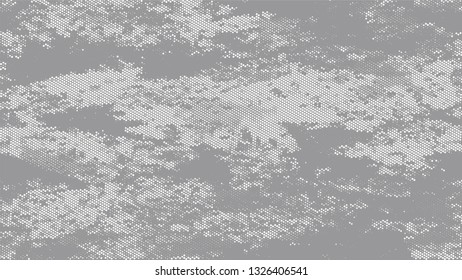 Halftone Dots in Grunge Broken Brush Style. Cartoon Cracked Noisy Surface Pattern Design. Overlay Grainy Style Texture. White and Gray Broken, Spotted Print Design Background.