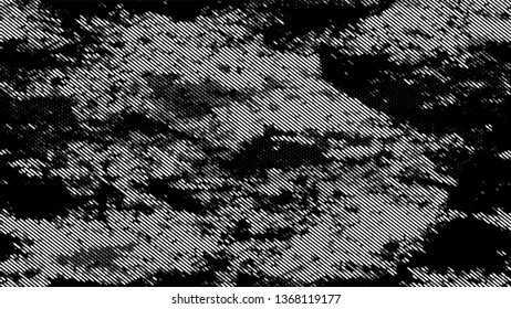 Halftone Dots in Grunge Broken Brush Style. Retro Spotted Pattern. Overlay Grainy Style Texture. Black and White Broken, Spotted Print Design Background.