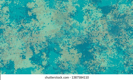 Halftone Dots in Grunge Broken Brush Style. Vintage Dirty Dotted Pattern. Faded Dyed Style Texture. Turquoise and Beige Broken, Spotted Print Design Background.