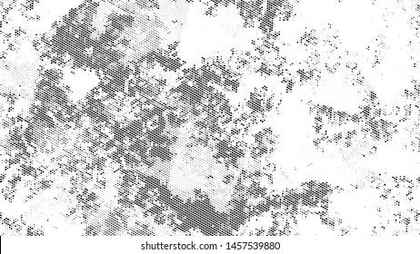Halftone Dots in Grunge Broken Brush Style. Cartoon Cracked Noisy Surface Pattern Design. Faded Dyed Style Texture. Black and White Noise Fashion Print Design Pattern.