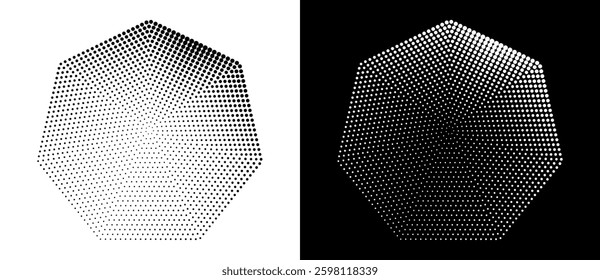 Halftone dots in heptagon form. Logo or icon label. Vector dotted design element. Vector dotted frame. A black figure on a white background and an equally white figure on the black side.