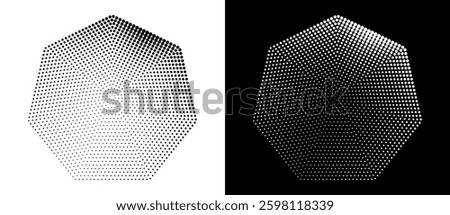 Halftone dots in heptagon form. Logo or icon label. Vector dotted design element. Vector dotted frame. A black figure on a white background and an equally white figure on the black side.