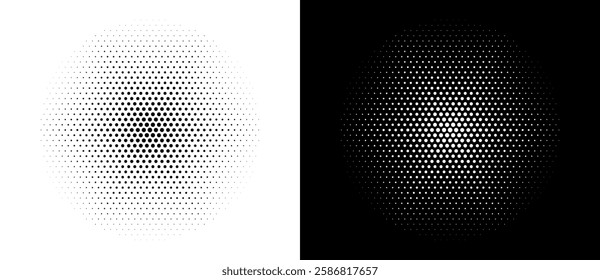 Halftone dots in hexagone form. Logo or icon label. Vector dotted design element. Vector dotted frame. A black figure on a white background and an equally white figure on the black side.