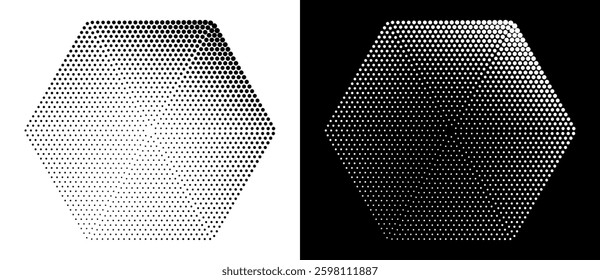 Halftone dots in hexagone form. Logo or icon label. Vector dotted design element. Vector dotted frame. A black figure on a white background and an equally white figure on the black side.
