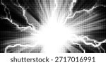 Halftone dots lightning explosion pop art comic background. Vector Illustration